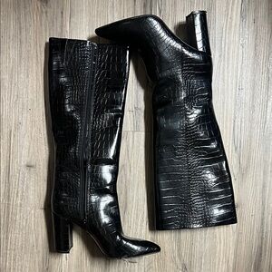 NYC Black Croc-Patterned Heeled Boots